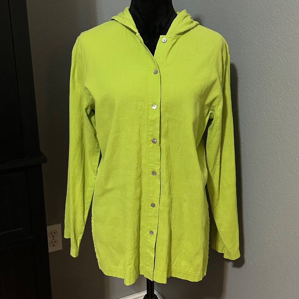 Chico's Shirt‎ Size 1 Medium Lime Green Button Front Hooded Tunic Top